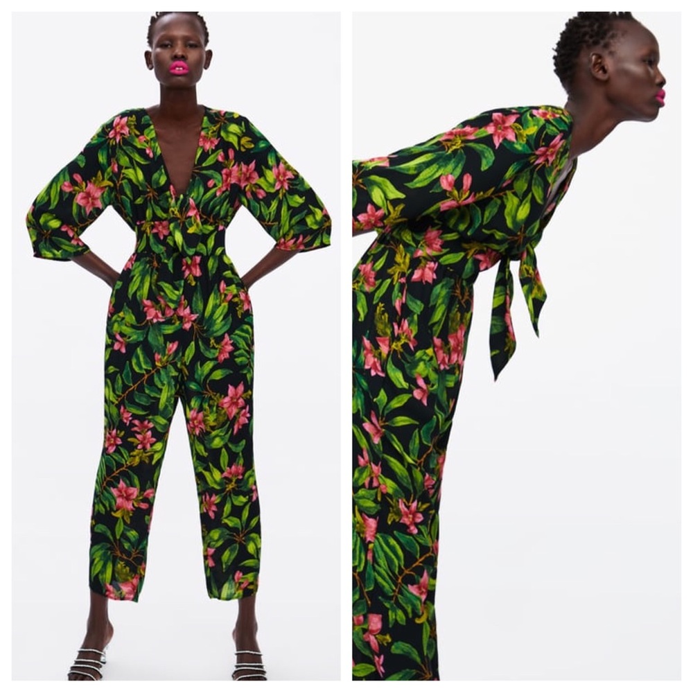ZARA Tropical Print Jumpsuit Black,  Green, Pink Hibiscus - Picture 3 of 13